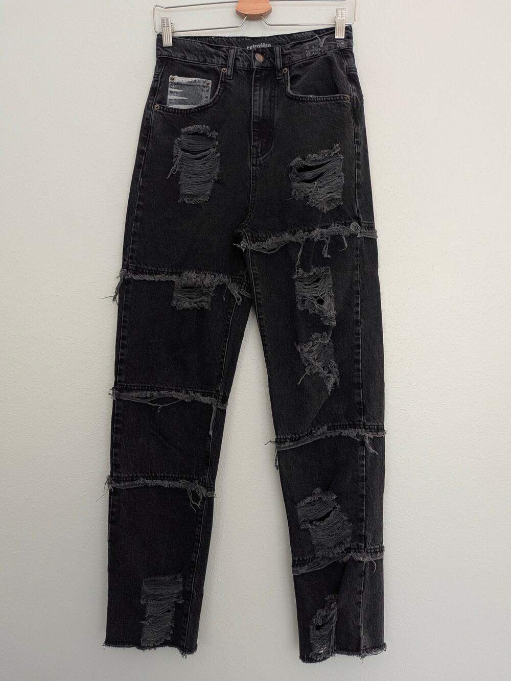 Retrofete Maggie Heavy Distressed Straight Leg Denim Jeans Size 25 Black $328